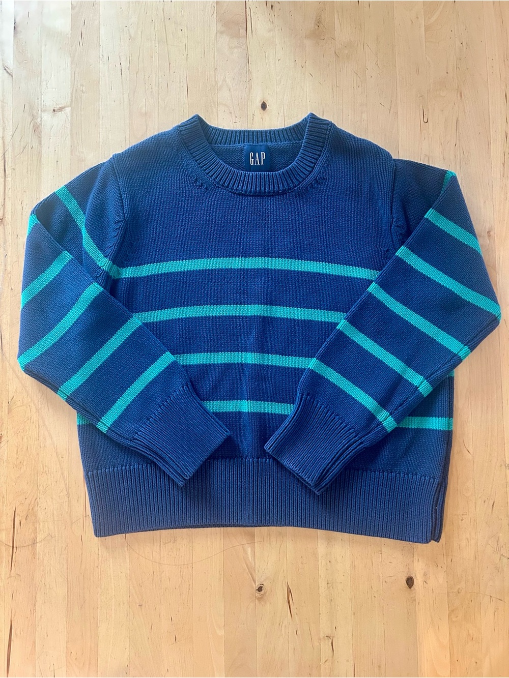 GAP Sandra Blue Teal Striped 100% Cotton Crewneck Sweater Size S Ribbed Knit